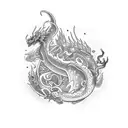 A dotwork tattoo showcasing a mystical dragon intertwined with vibrant flowers inspired by plastic arts tattoo design idea