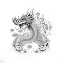 A dotwork tattoo showcasing a mystical dragon intertwined with vibrant flowers inspired by plastic arts tattoo design idea