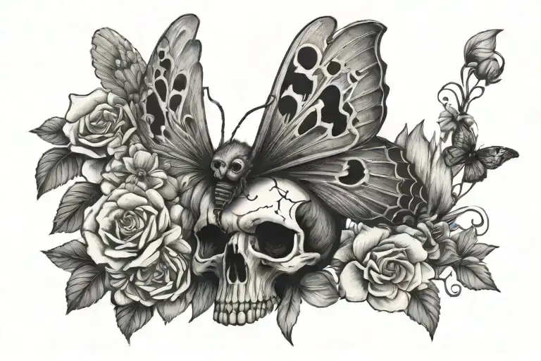 moth with skull on it surrounded by flowers intertwined tattoo design idea