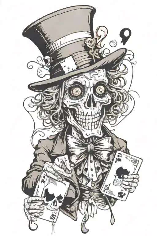 mad Hatter holding cards. skull face with heart eyes tattoo design idea