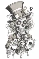 mad Hatter holding cards. skull face with heart eyes tattoo design idea
