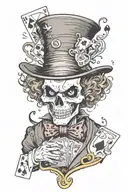 mad Hatter holding cards. skull face with heart eyes tattoo design idea
