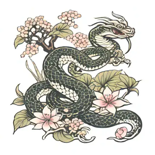  snake with lotus flower close to the  temple one samurai protecting the village and fish koi dragon cherry tree bonsai tattoo design idea