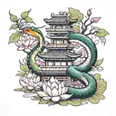  snake with lotus flower close to the  temple one samurai protecting the village and fish koi dragon cherry tree bonsai tattoo design idea