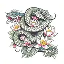  snake with lotus flower close to the  temple one samurai protecting the village and fish koi dragon cherry tree bonsai tattoo design idea