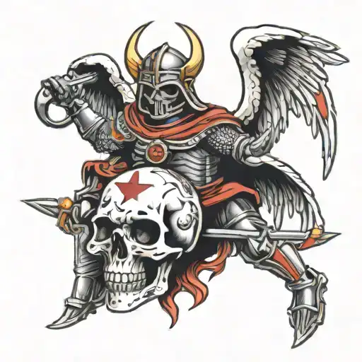 armored warrior angel hold the skull of satan  tattoo design idea