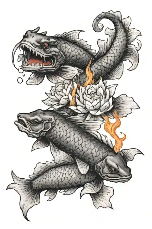 yin yang koi fish and dragon breathing fire tattoo design idea
