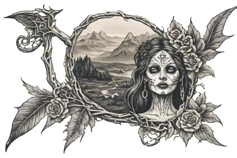 Hills, algiz rune circle, Days of the dead girl tattoo design idea