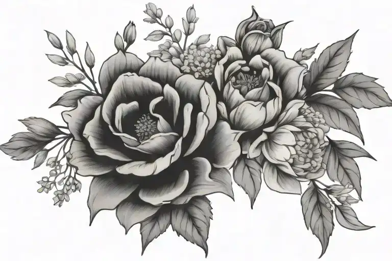 january, august, october birth flower bouquet tattoo design idea