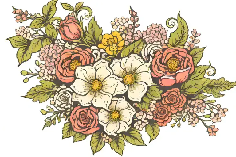 january, august, october birth flower bouquet tattoo design idea