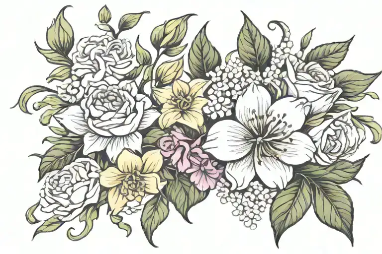 january, august, october birth flower bouquet tattoo design idea