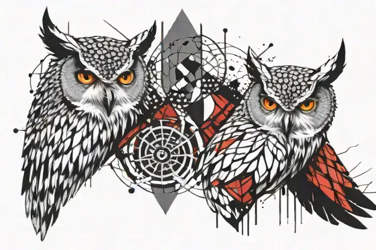 a vikings owl tattoo design with geometric background black and white details with ying-yang background  tattoo design idea