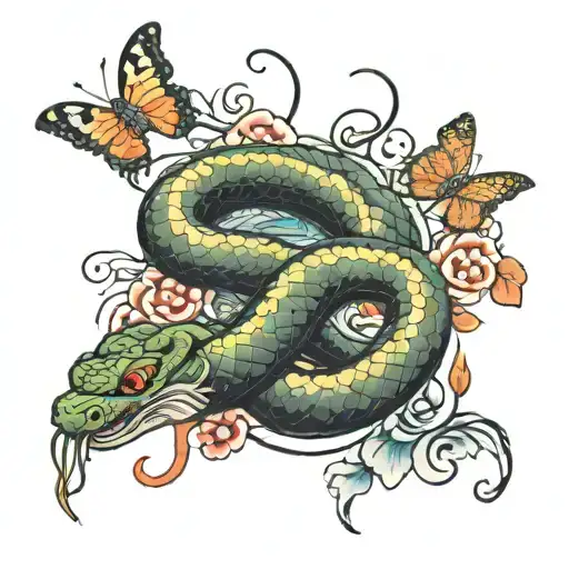 snake with butterflies tattoo design idea