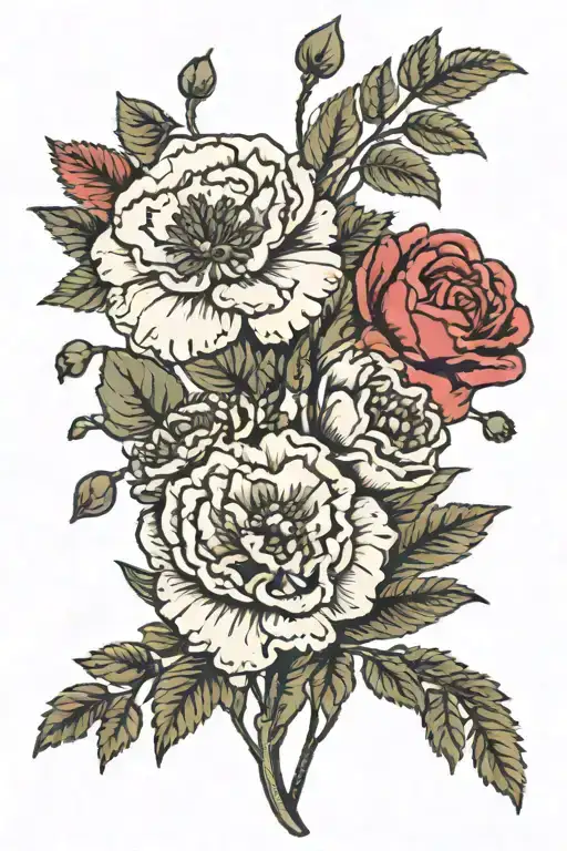 carnation, primrose, hawthorn, and poppy flower bouquet tattoo design idea