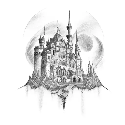 sketch of a romantic vampire gothic castle with intricate blackwork shading tattoo design idea
