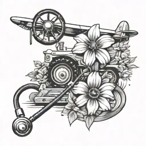 flower bed, cross, stethoscope, airplane, tractor driving tattoo design idea