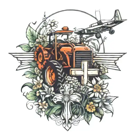 flower bed, cross, airplane, tractor driving tattoo design idea