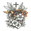 flower bed, cross, airplane, tractor driving tattoo design idea