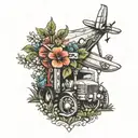 flower bed, cross, airplane, tractor driving tattoo design idea