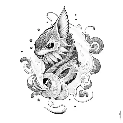  a tattoo of snacks  with another snak side and a wave  a tattoo, intricate linework, Android Jones, kinetic pointilli tattoo design idea
