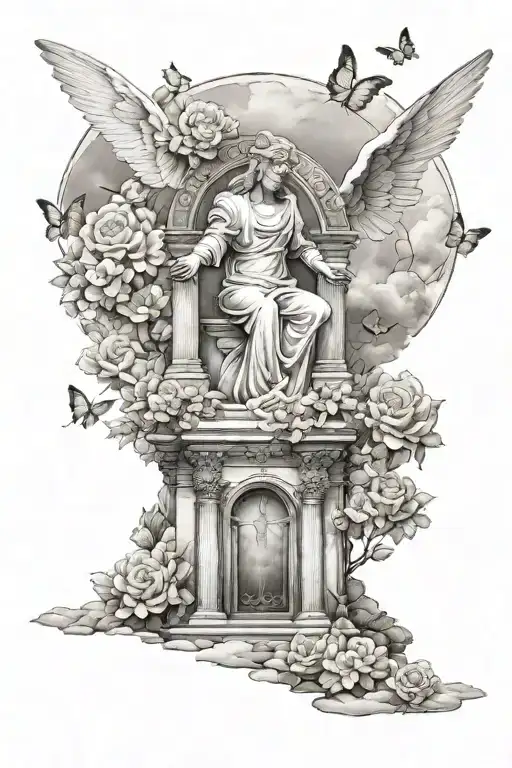 Angel tomb heaven above trees clouds flowers butterflies  tattoo design idea