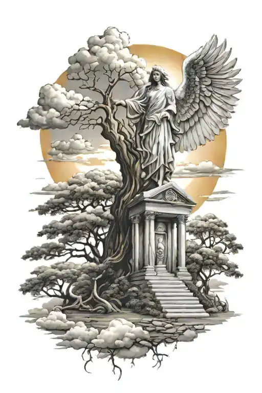 Angel tomb trees clouds surrounding, sun breaking through clouds tattoo design idea