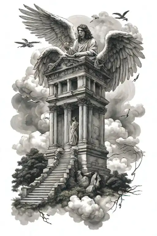 Angel tomb heaven above trees clouds  tattoo design idea