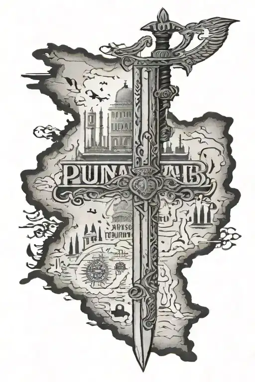 map of punjab with large sword over the top tattoo design idea