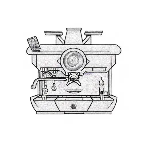 A new-school tattoo of a mechanical espresso machine with gaming symbols and an industrial London skyline. tattoo design idea