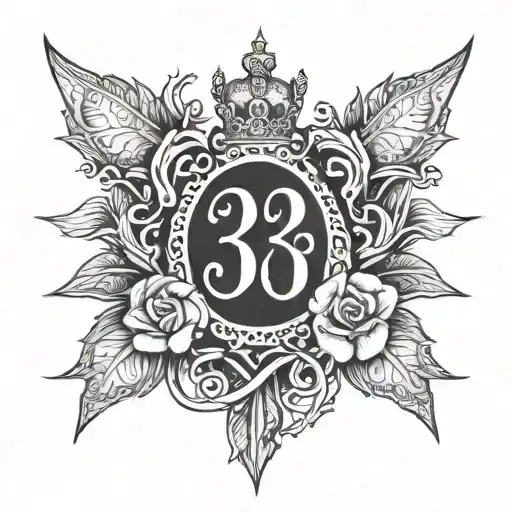 the number 38 in the Gothic style is entwined with a crown of thorns, a small rosebud tattoo design idea