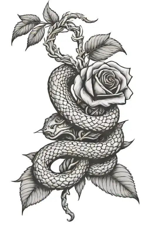 two snakes wrapped around a rose stem and an olive branch like they are protecting them. black and white.  tattoo design idea