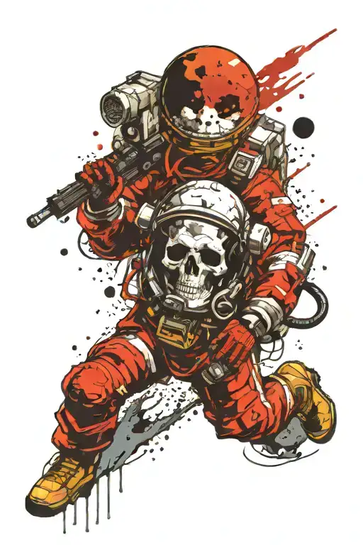 skull astronaut in space looking the moon surrounded tattoo design idea