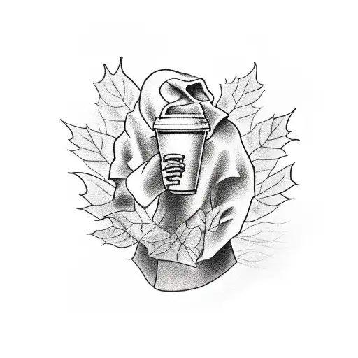 ghost carrying coffee cup and falling leaves tattoo design idea