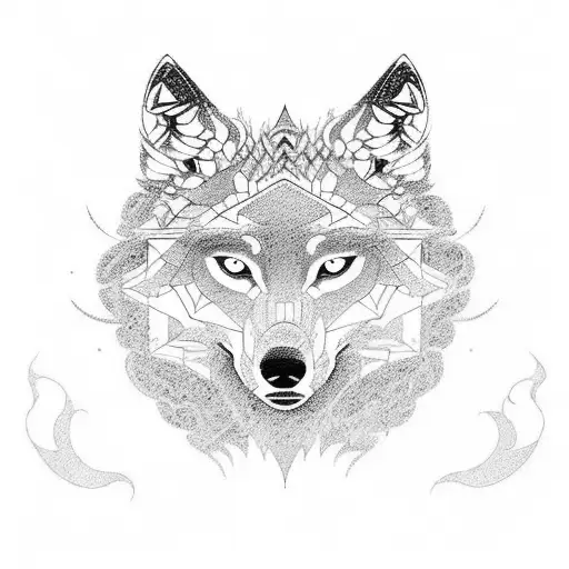 An intricate geometric design incorporating wolf silhouettes and bricklaying tools tattoo design idea