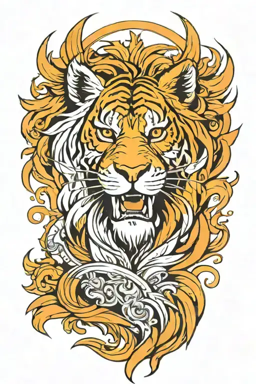 half lion half tiger face surrounded by phoenix tattoo design idea