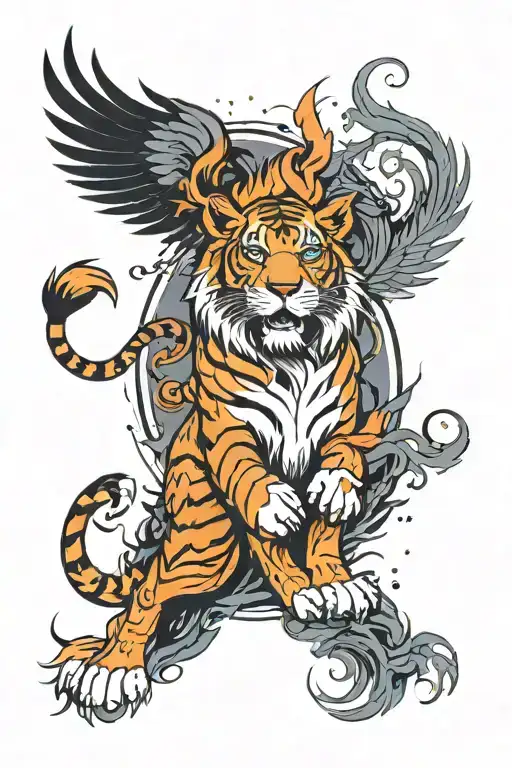 half lion half tiger surrounded by phoenix tattoo design idea