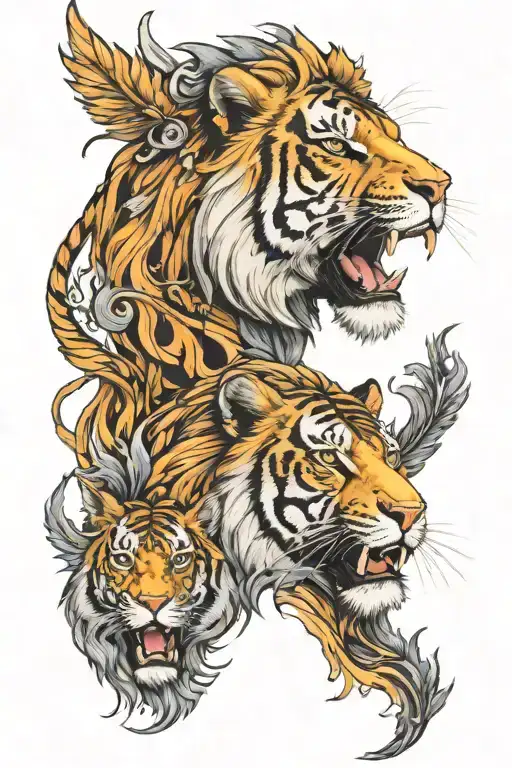 half lion half tiger face surrounded by phoenix tattoo design idea