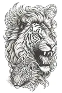 half lion half tiger face surrounded by phoenix tattoo design idea
