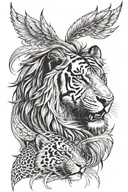 half lion half tiger face surrounded by phoenix tattoo design idea