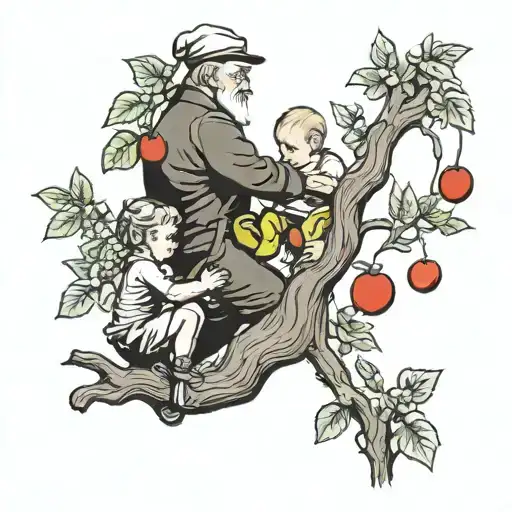 grandpa and grandchild climbing an apple tree  tattoo design idea