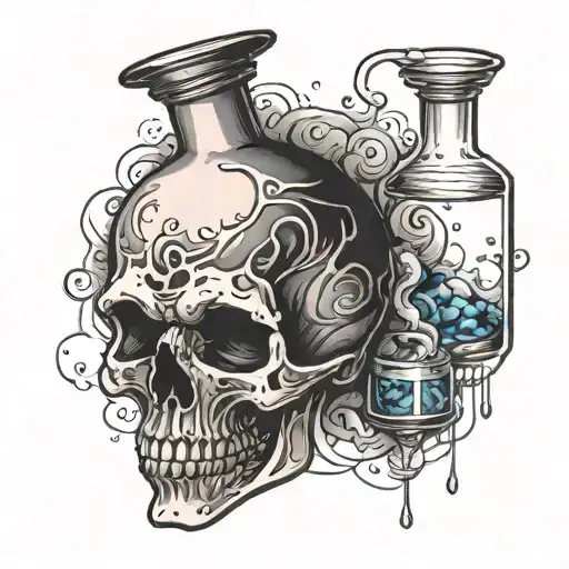 Chemical flask with smoke forming a skull shape, blending the student's passion for chemistry and death tattoo design idea