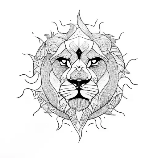sun tribal landscape lion  tattoo design idea
