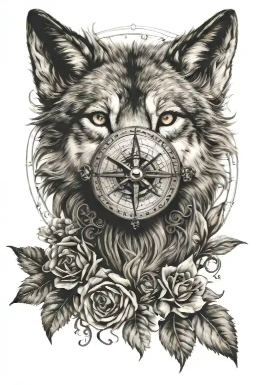 compass wolf clock flower tattoo design idea