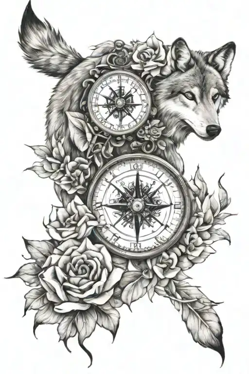 compass, wolf, clock, flower tattoo design idea