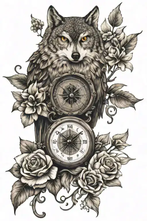 compass wolf clock flower owl with flowers tattoo design idea