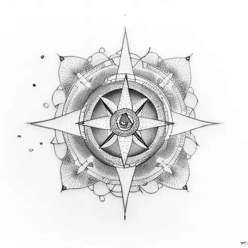 A dotwork tattoo of a compass with a cherry blossom tree growing from it tattoo design idea