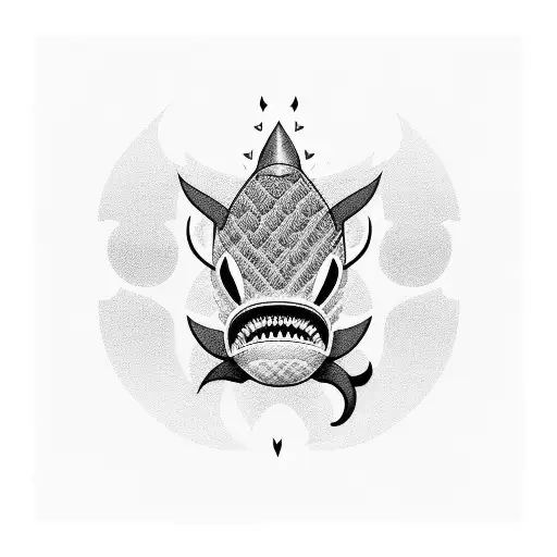 A black cat with shark fins and a tail, merging the two passions in a bold blackwork design tattoo design idea