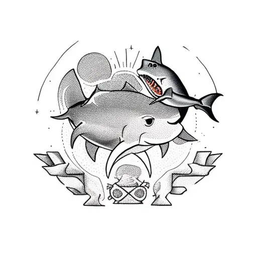 A vintage-inspired tattoo of a shark and cat facing off, done in a classic old school style tattoo design idea