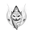 A black cat with shark fins and a tail, merging the two passions in a bold blackwork design tattoo design idea