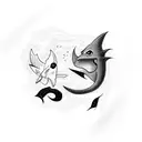 A black cat with shark fins and a tail, merging the two passions in a bold blackwork design tattoo design idea